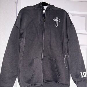 Gray Zip-Up Hoodie with Cross Design